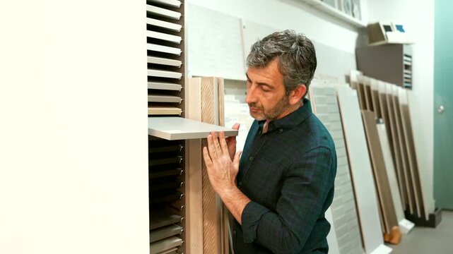 Professional architect selecting ceramic tiles for a construction or renovation project in a home improvement store