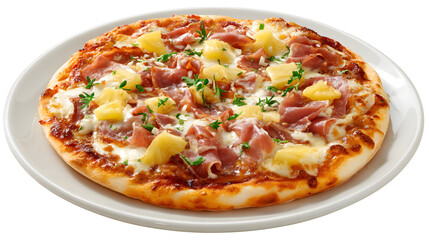 Delicious Hawaiian Pizza with Ham and Pineapple on a White Plate Ready to be Served Fresh