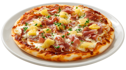 Delicious Hawaiian Pizza with Ham and Pineapple on a White Plate Ready to be Served Fresh