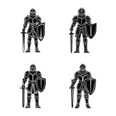 Four Black and White Knight Illustrations with Swords and Shields Medieval Warriors in Armor Isolated on White Background Vector Images for Fantasy or Historical Projects