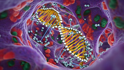 Microscopic 3D Render of DNA Strand within Cell Nucleus;  Detailed, Vibrant, Scientific Visualization.