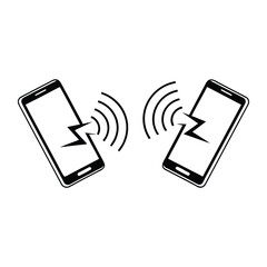 Mobile Phone Data Transfer Concept with Two Smartphones and Wireless Signal Representing Communication Connection and Technology in a Simple Black and White Illustration