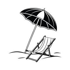 Black and white vector illustration of a beach scene featuring a deck chair and umbrella perfect for summer vacation themes and minimalist design projects isolated