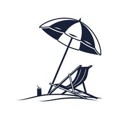 Minimalist beach scene featuring a beach chair under an umbrella with a drink rendered in a simple clean and modern vector style against a white