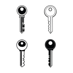 Four Stylized Key Icons in Black and White Representing Security Access and Solutions Presented in a Clean and Minimalist Design on a White Background