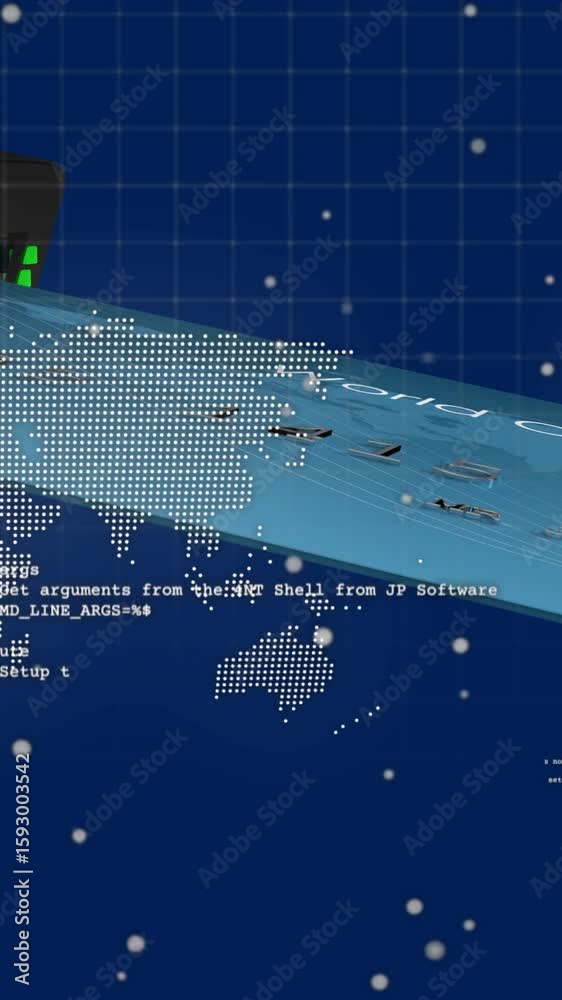 Poster digital world map with data processing animation over blue grid background