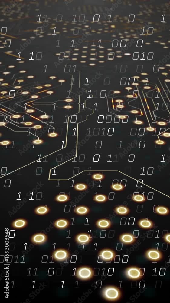 Poster Binary code and circuit board animation over dark background with glowing nodes