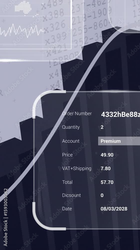 Poster animation of digital interface displaying graphs and processing data over background