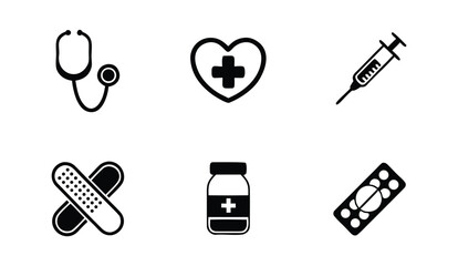 Medical Icon Set in Black and White Featuring Stethoscope Heart with Cross Syringe Pill Medicine Bottle and Blister Pack Representing Healthcare and Treatment