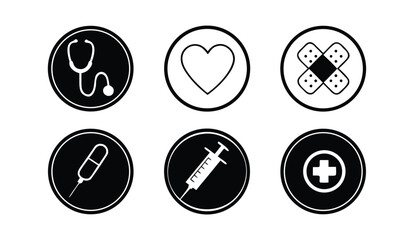 Set of Black and White Medical Icons in Circles Representing Healthcare Medicine First Aid and Health Related Topics on a White Background for Easy Editing