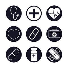Collection of medical icons in a circular design featuring a stethoscope heart pills first aid kit and bandages for healthcare and wellness concepts