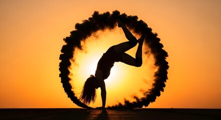 Silhouette of a person performing a handstand within a smoky ring against a sunset sky featuring warm orange hues and dynamic movement.
