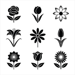 Elegant Collection of Black and White Flower Icons Rose Tulip Lily Daisy and Sunflower in a Minimalist Style for Graphic Design and Creative Projects