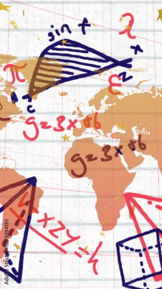 Wall mural animation of mathematical equations and diagrams with scales over map against white background