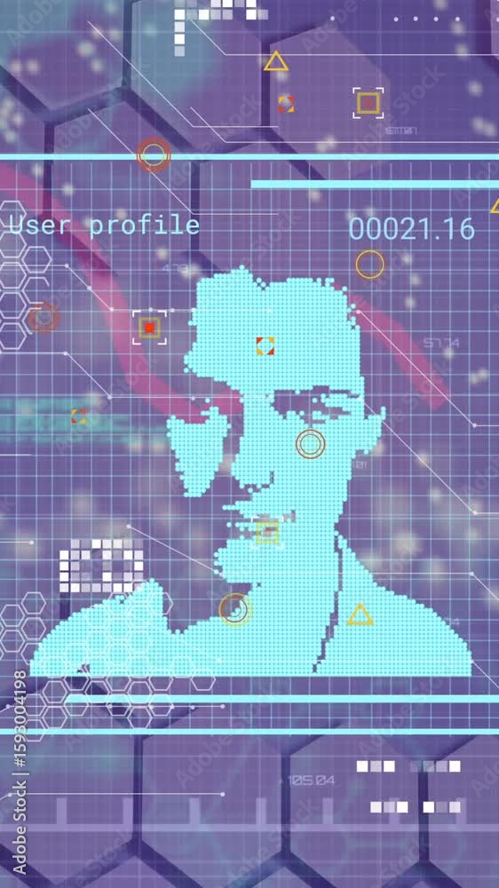 Poster animation of changing profile icons and data processing against hexagonal shapes on blue background