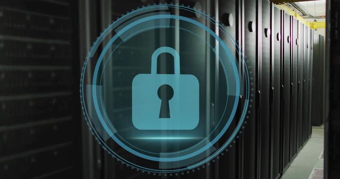 Shield fading in HUD expanding then padlock appearing while scanline sweeping securing server racks