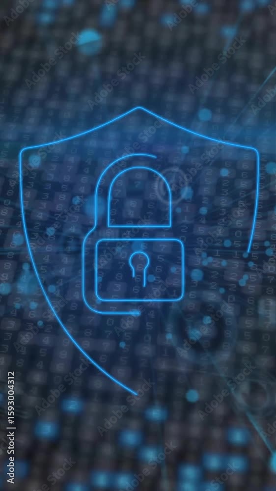 Poster animation of padlock and data processing over dark background