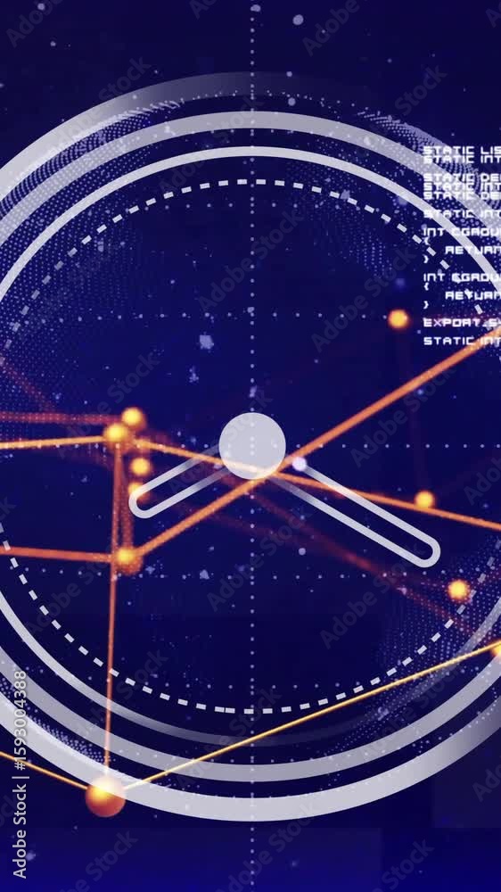 Poster animation of network of connections over clock and data processing on black background