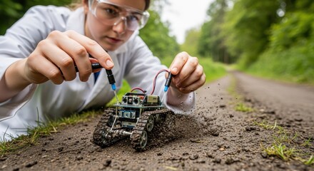 Young caucasian female scientist testing small robotic vehicle on outdoor path