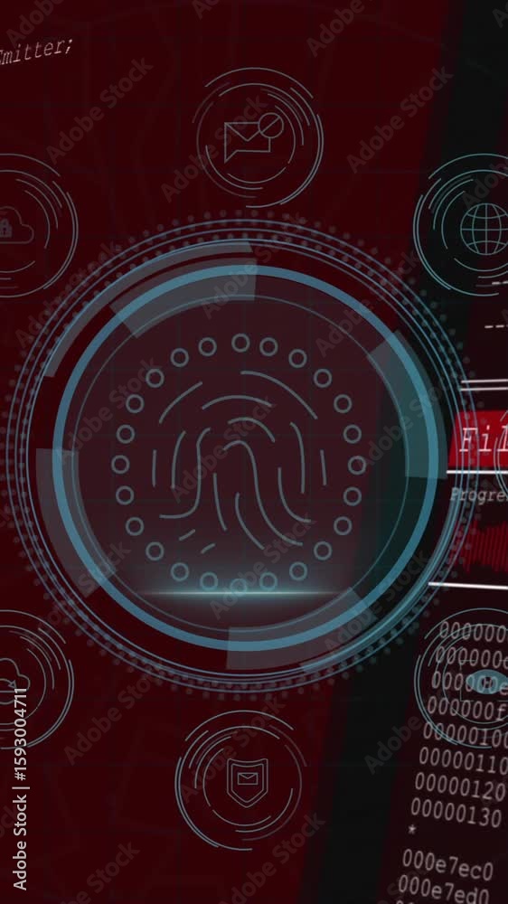 Aufkleber animation of digital encryption interface with coding and data on red background