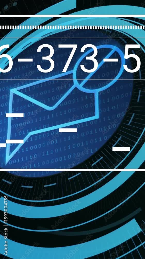 Poster animation of digital envelope icon with binary code over abstract blue circles