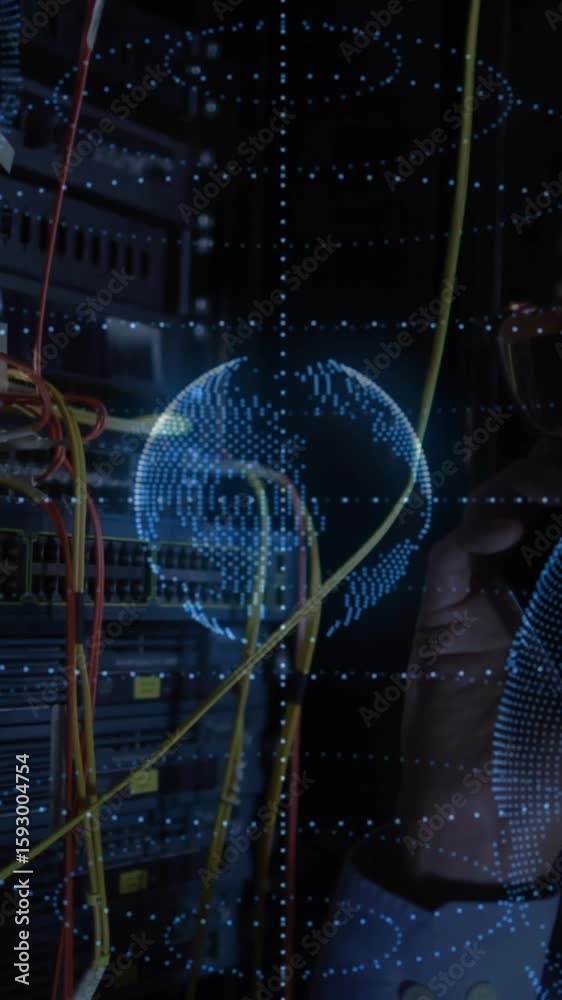 Poster working on server, technician with digital globe and animation data visualization