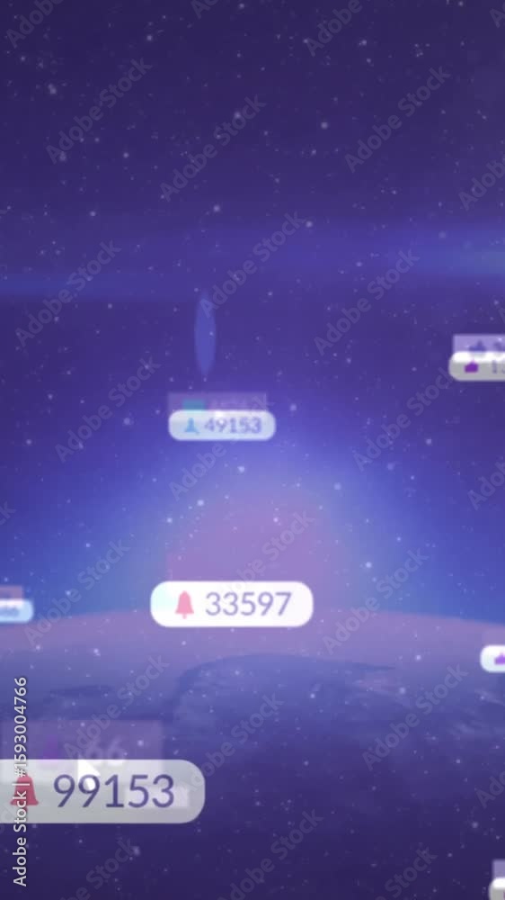 Poster floating digital notifications over earth with animation in starry space environment