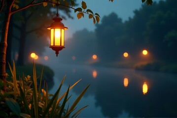 Lanterns illuminate a serene riverside scene during a peaceful evening.
