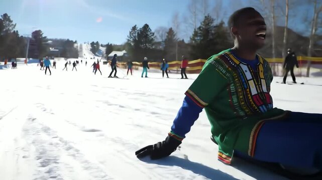 A smiling man in a colorful dashiki enjoys a fast sled ride down a busy snowy mountain on a bright winter day.