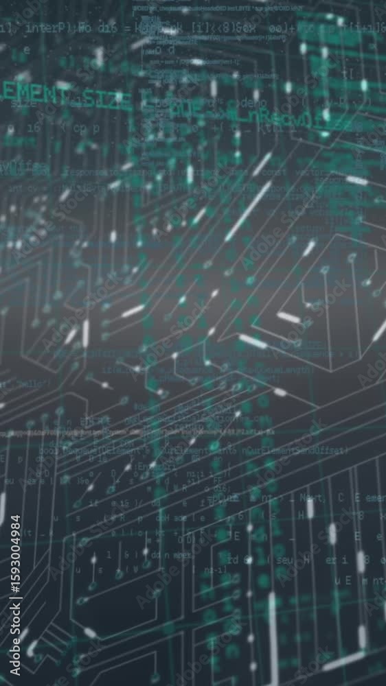 Poster animation of data processing over microprocessor connections against grey background