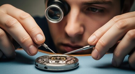 Young caucasian male watchmaker intently works on intricate timepiece with precision tools