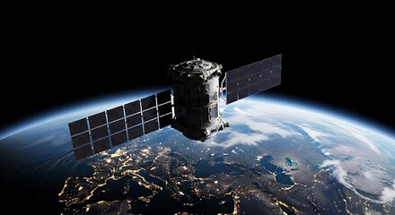 Modern satellite orbiting planet earth with illuminated cities visible below