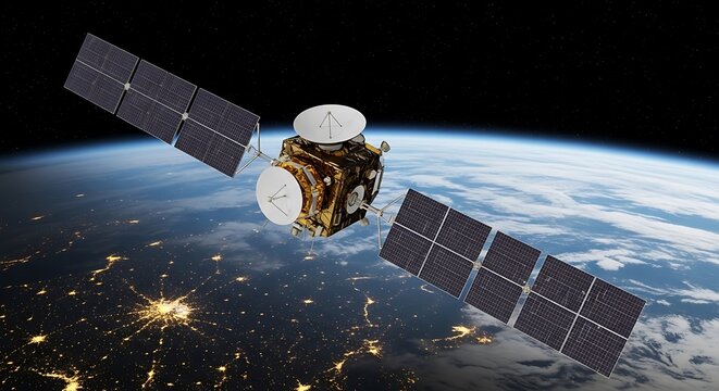 Modern communication satellite orbiting earth with solar panels extended and city lights visible below
