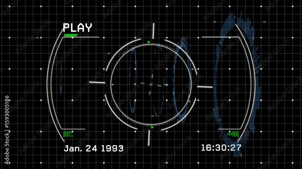 Poster play indicator appearing causing circular hud rotating, pulsing rings and visualizing system data