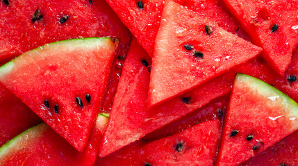 The photo shows many slices of watermelon arranged in an overlapping pattern, creating the illusion that they form one large slice