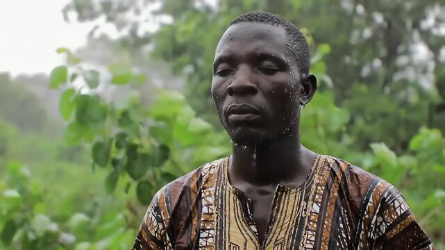 Contemplative African man with eyes closed feels the falling rain in a lush green forest