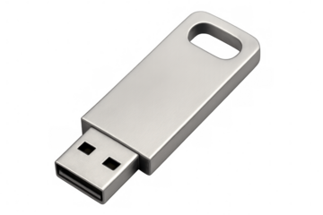 Close-up of a silver usb flash drive, isolated on a transparent background, ready for data transfer and storage