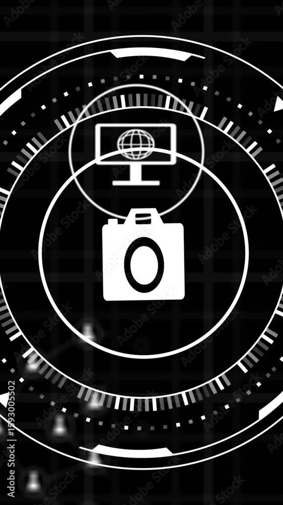 Poster animation of scope with icons and data processing over black background