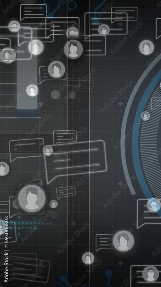 Poster animation of digital network interface with user icons and data processing elements