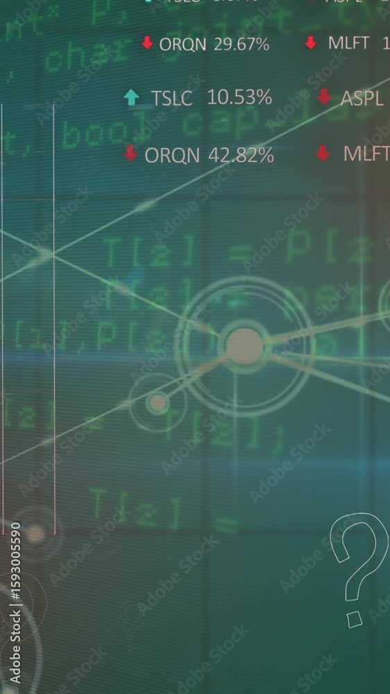 Poster animation of question mark icons over network of connections and data processing on blue background