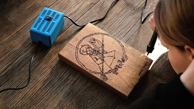 Burn out the picture. Woodburning or pyrography. An artist drawing on a wooden plank with pyrograph. Wood burning ASMR creative hobby. Art class workshop. Creative activity. High quality 4k footage.