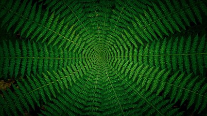 A mesmerizing view of fern fronds arranged in a circular pattern creating a natural kaleidoscope effect