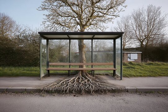 Bus stop enveloped by extensive tree roots in a serene environment