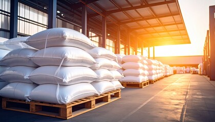 Stacks of white sacks on pallets in a warehouse, sunlight streaming in