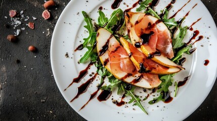 Pear and prosciutto salad with balsamic glaze.