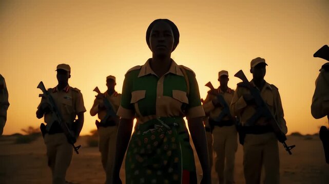 Strong female soldier leads armed squadron walking through the desert with a sunset background