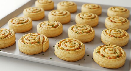 A tray of mini puff pastry pinwheels with cheese and herbs spiraled inside, flaky golden crusts visible — neatly arranged on a white surface.