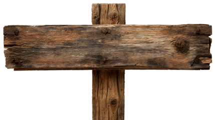 Rustic Wooden Sign Post Displaying Weathered Texture and Directional Guidance on Transparent