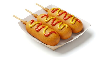 A paper tray with classic American corn dogs, golden and crispy, with mustard and ketchup drizzled on top, and wooden sticks visible — isolated on white with soft shadows.

