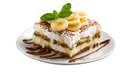 Tiramisu Dessert with Banana Slices, Cocoa Powder, and Mint on a White Plate Isolated